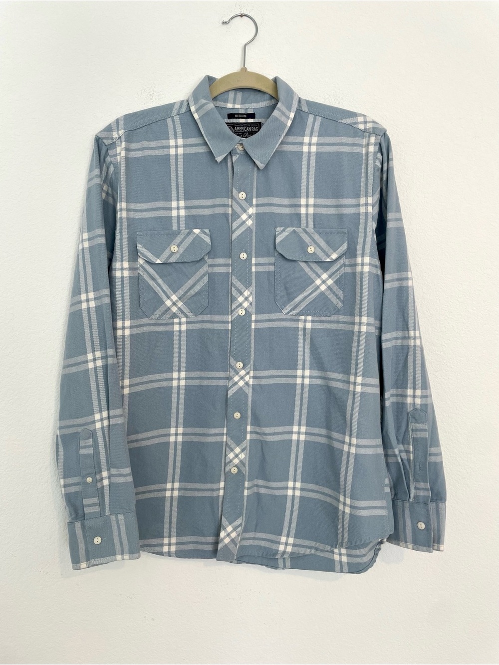 American Rag Men’s Blue and White Plaid Button-Down Shirt